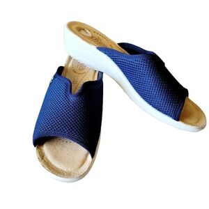 Fly Flot Navy Mule Cloth Sandals Slides Anti Shock Heel Size 7.5